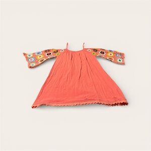 Umgee Coral Dress with Colorful Cold Shoulder Crochet Sleeves